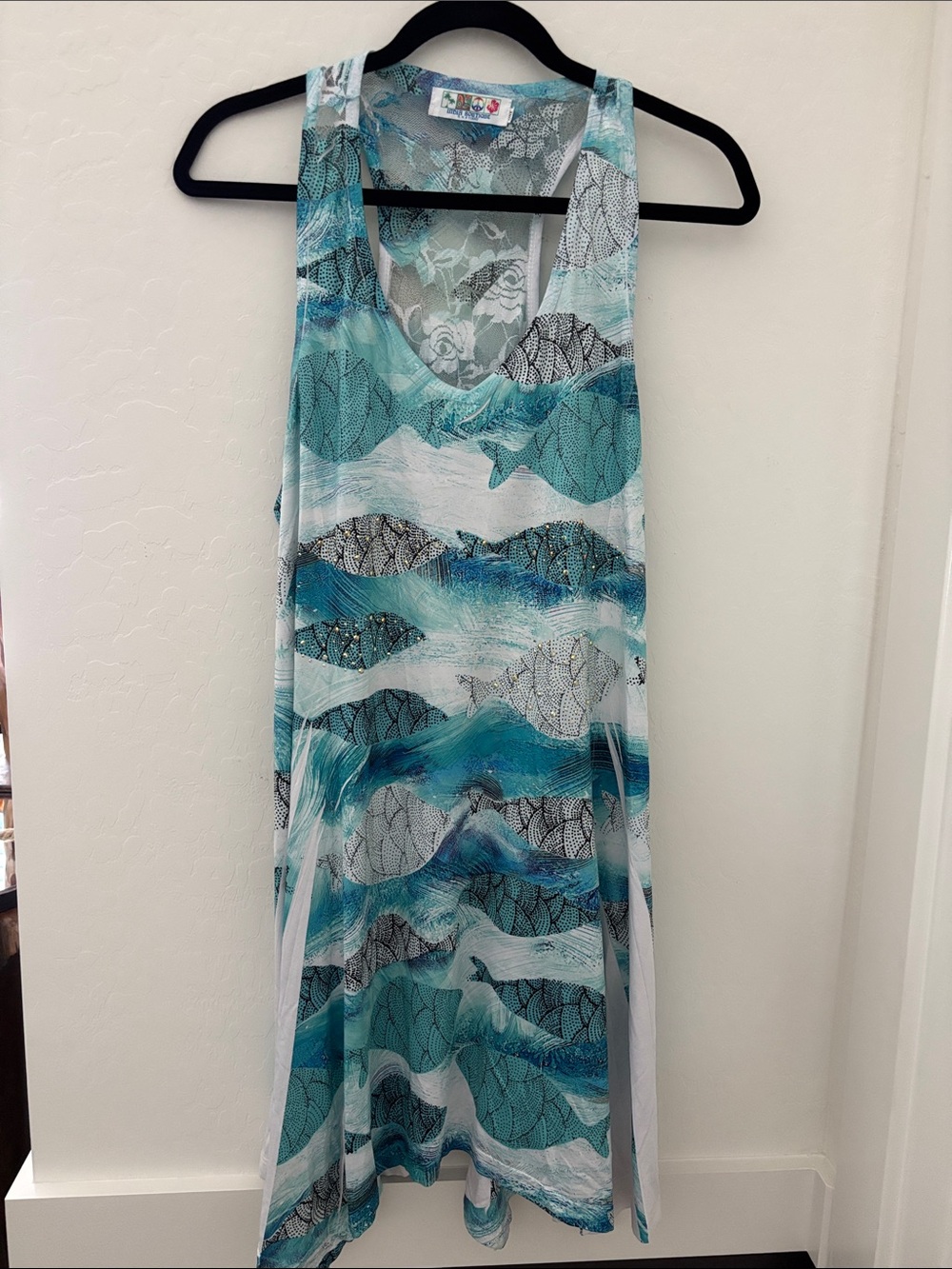 Sleeveless Teal & White Wave Print Midi Dress or swimsuit cover